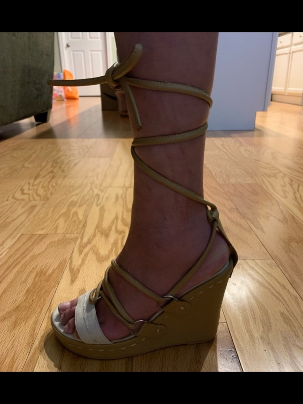 Colin Stuart Wedge Lace-Up Sandals in Camel and Cream